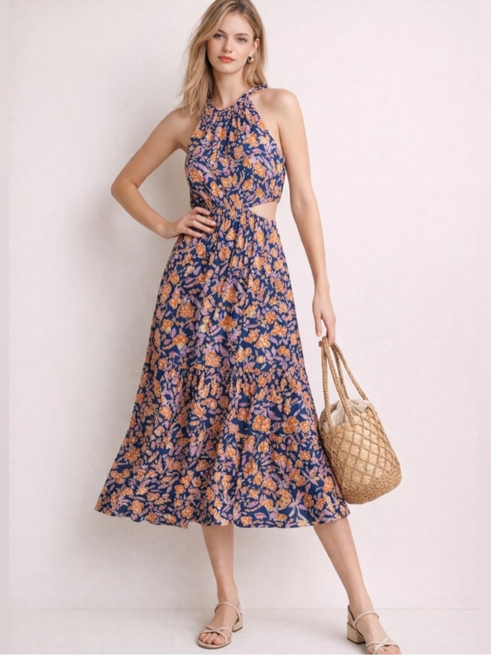 J Crew Harbor side-cutout Midi Dress XS Blue Floral Tiered Feminine boho resort